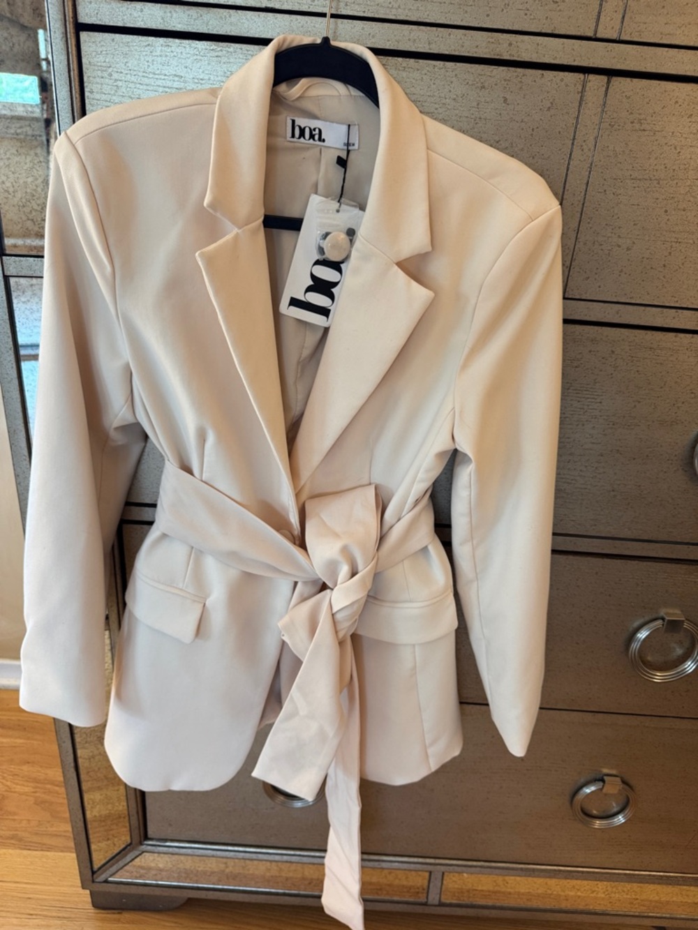 boa Cream Self-Tie Belted Blazer